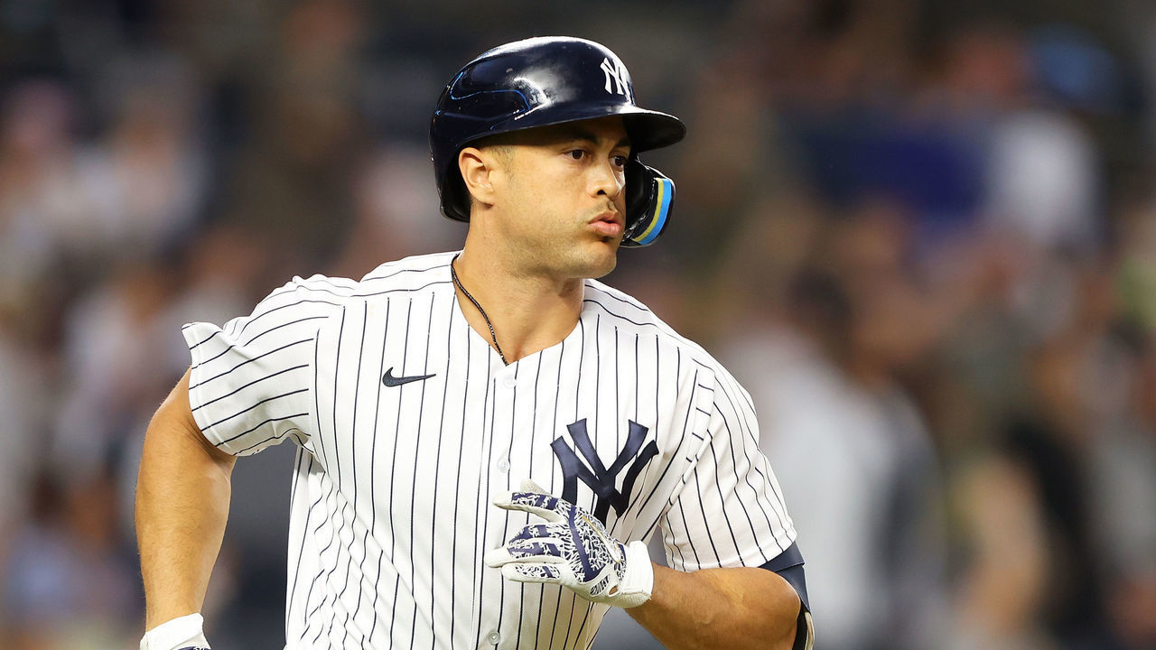 NEW YORK, NEW YORK - JUNE 27: Giancarlo Stanton #27 of the New York Yankees rounds the bases after hitting a home run to left field in the fourth inning Oakland Athletics at Yankee Stadium on June 27, 2022 in New York City.