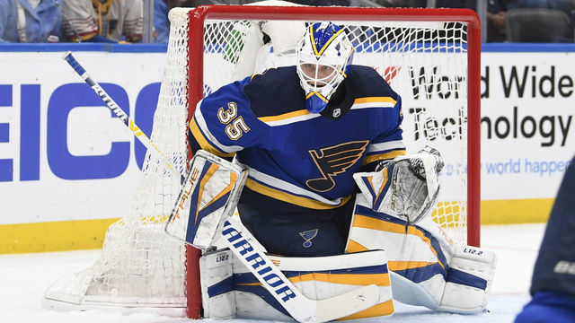 ST. LOUIS, MO - May 27: Ville Husso #35 of the St. Louis Bluesdefends the net against the Colorado Avalanche in Game Six of the Second Round of the 2022 Stanley Cup Playoffs at the Enterprise Center on May 23, 2022 in St. Louis, Missouri.