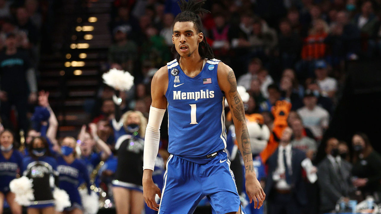 PORTLAND, OREGON - MARCH 19: Emoni Bates #1 of the Memphis Tigers reacts after making a shot during the first half against the Gonzaga Bulldogs in the second round of the 2022 NCAA Men's Basketball Tournament at Moda Center on March 19, 2022 in Portland, Oregon.