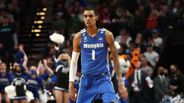 PORTLAND, OREGON - MARCH 19: Emoni Bates #1 of the Memphis Tigers reacts after making a shot during the first half against the Gonzaga Bulldogs in the second round of the 2022 NCAA Men's Basketball Tournament at Moda Center on March 19, 2022 in Portland, Oregon.