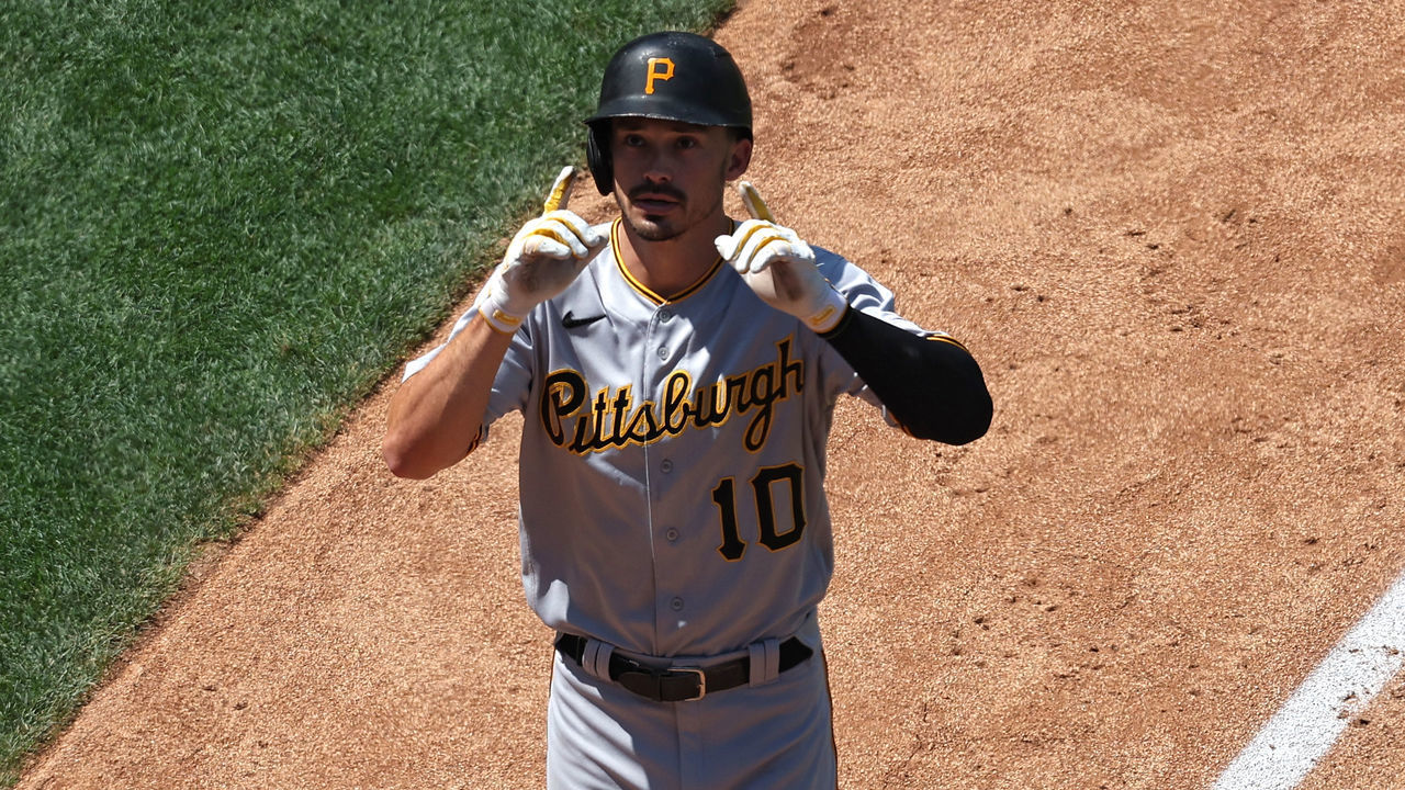 WASHINGTON, DC - JUNE 29: Bryan Reynolds #10 of the Pittsburgh Pirates celebrates his home run against the Washington Nationals during the sixth inning at Nationals Park on June 29, 2022 in Washington, DC.