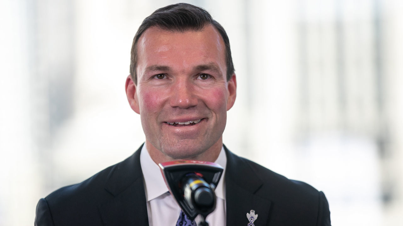 CHICAGO, ILLINOIS - JUNE 29: Luke Richardson answers a question during the press conference to introduce him as the team's new head coach at the Blackhawks Store on June 29, 2022 in Chicago, Illinois.