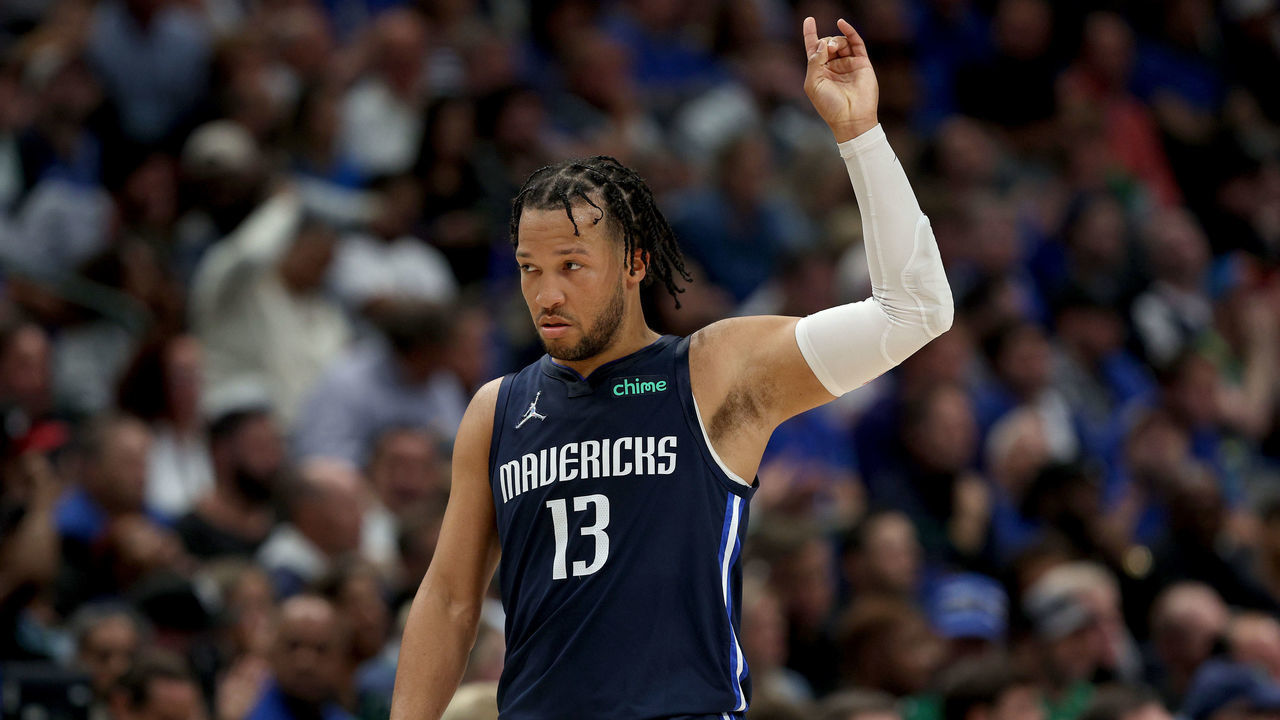 DALLAS, TEXAS - APRIL 25: Jalen Brunson #13 of the Dallas Mavericks reacts while taking on the Utah Jazz in the second quarter of Game Five of the Western Conference First Round NBA Playoffs at American Airlines Center on April 25, 2022 in Dallas, Texas.
