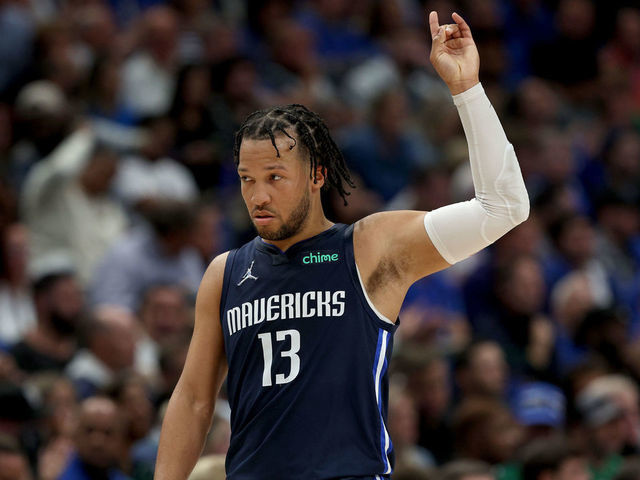DALLAS, TEXAS - APRIL 25: Jalen Brunson #13 of the Dallas Mavericks reacts while taking on the Utah Jazz in the second quarter of Game Five of the Western Conference First Round NBA Playoffs at American Airlines Center on April 25, 2022 in Dallas, Texas.