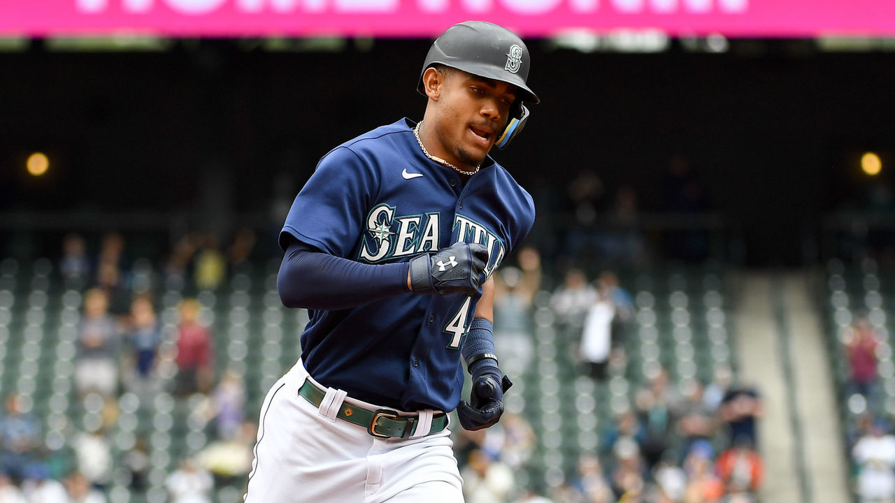 SEATTLE, WASHINGTON - JUNE 29: Julio Rodriguez #44 of the Seattle Mariners rounds the bases on his two-run run during the fourth inning against the Baltimore Orioles at T-Mobile Park on June 29, 2022 in Seattle, Washington.