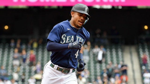 SEATTLE, WASHINGTON - JUNE 29: Julio Rodriguez #44 of the Seattle Mariners rounds the bases on his two-run run during the fourth inning against the Baltimore Orioles at T-Mobile Park on June 29, 2022 in Seattle, Washington.