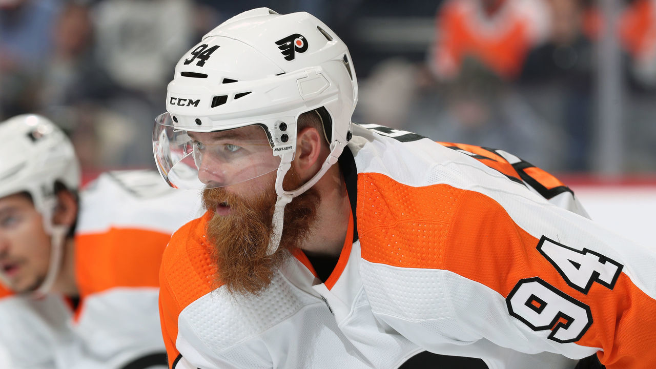 PHILADELPHIA, PA - OCTOBER 20: Ryan Ellis #94 of the Philadelphia Flyers looks on against the Boston Bruins at the Wells Fargo Center on October 20, 2021 in Philadelphia, Pennsylvania.