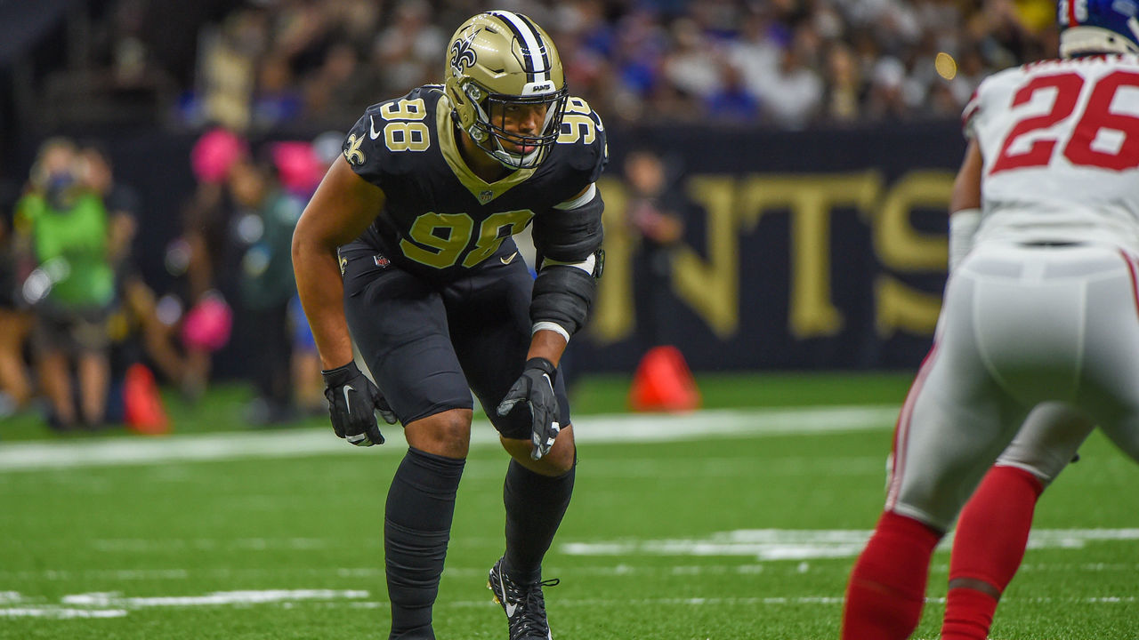 NEW ORLEANS, LA - OCTOBER 03: New Orleans Saints defensive end Payton Turner (98) prepares for the snap during the football game between the New York Giants and the New Orleans Saints at Caesars Superdome on October 3, 2021 in New Orleans, LA.