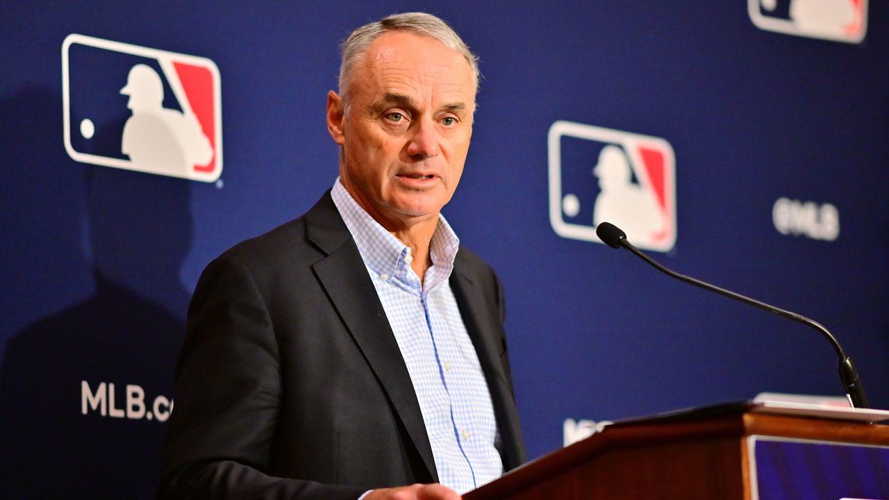 ORLANDO, FLORIDA - FEBRUARY 10: Major League Baseball Commissioner Rob Manfred answers questions during an MLB owner's meeting at the Waldorf Astoria on February 10, 2022 in Orlando, Florida. Manfred addressed the ongoing lockout of players, which owners put in place after the league's collective bargaining agreement ended on December 1, 2021.