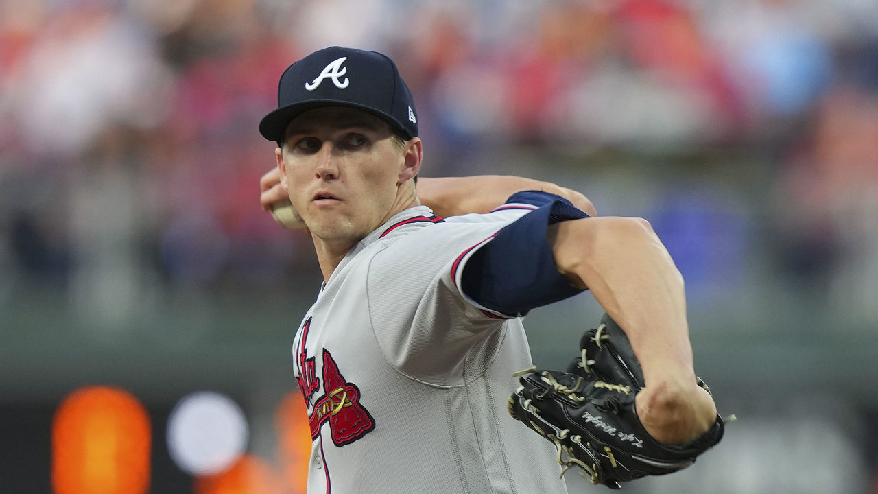 PHILADELPHIA, PA - JUNE 29: Kyle Wright #30 of the Atlanta Braves throws a pitch in the bottom of the third inning against the Philadelphia Phillies at Citizens Bank Park on June 29, 2022 in Philadelphia, Pennsylvania.