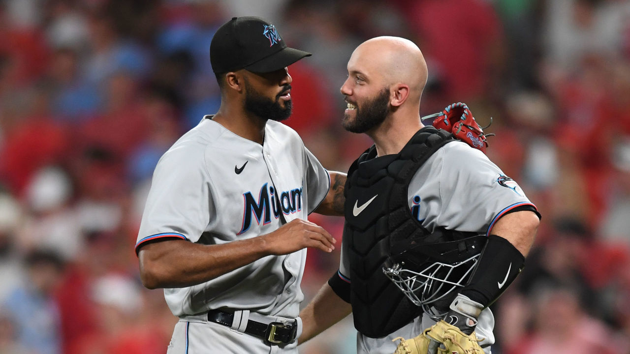 ST LOUIS, MO - JUNE 29: Sandy Alcantara #22 and Jacob Stallings #58 of the Miami Marlins celebrate after defeating the St. Louis Cardinals 4-3 at Busch Stadium on June 29, 2022 in St Louis, Missouri.