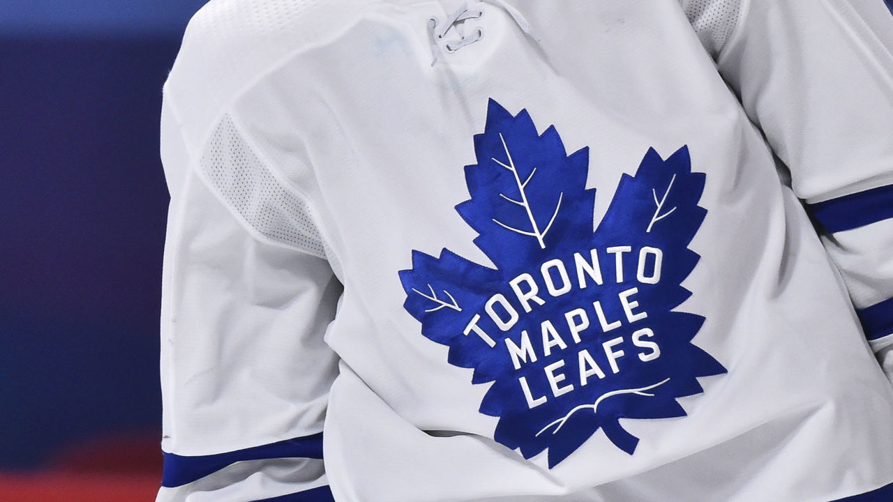 MONTREAL, QC - FEBRUARY 10: A detail of the Toronto Maple Leafs logo during the third period against the Montreal Canadiens at the Bell Centre on February 10, 2021 in Montreal, Canada. The Toronto Maple Leafs defeated the Montreal Canadiens 4-2.