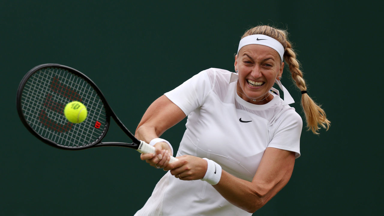 LONDON, ENGLAND - JUNE 30: Petra Kvitova of Czech Republic plays a backhand against Ana Bogdan of Romania in their Women's Singles Second Round match on day four of The Championships Wimbledon 2022 at All England Lawn Tennis and Croquet Club on June 30, 2022 in London, England.