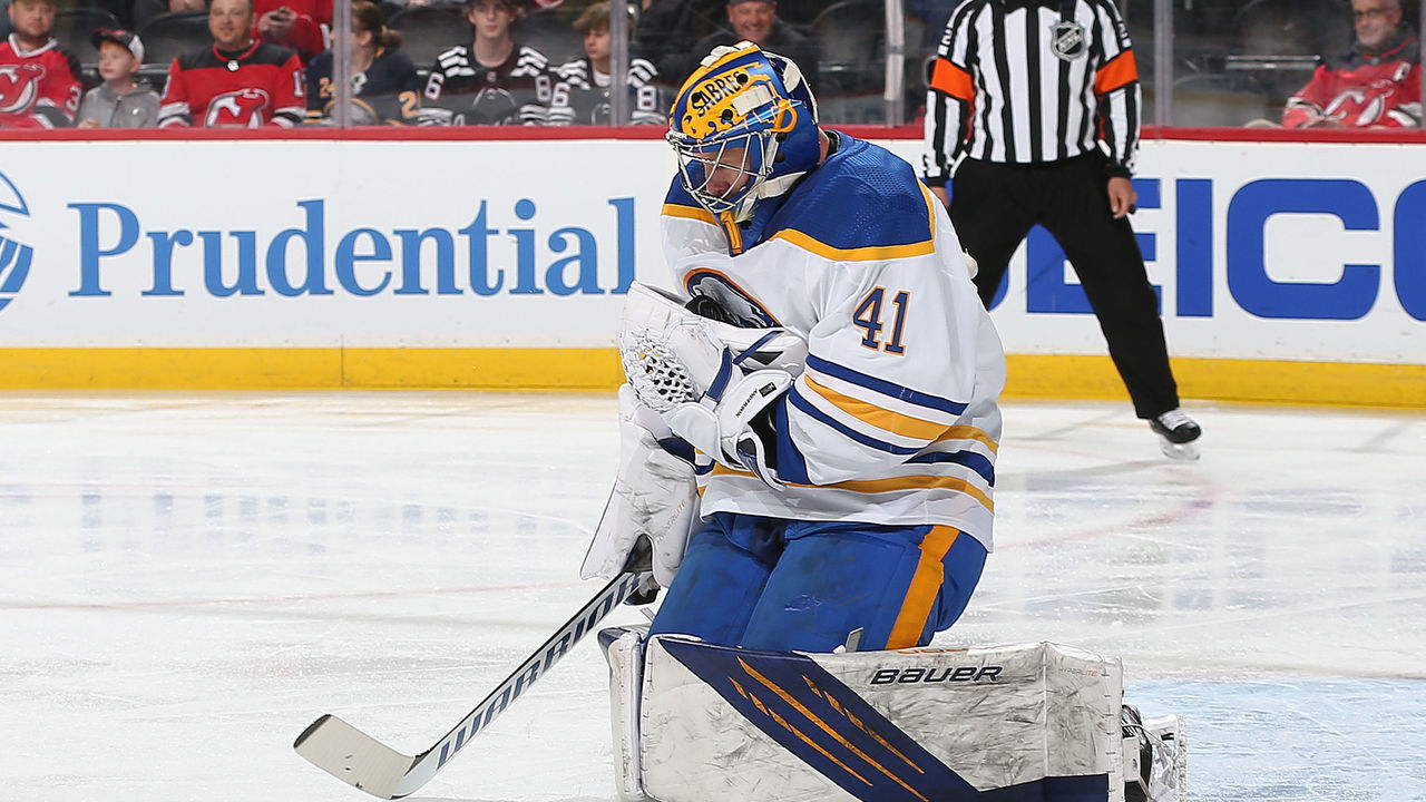 NEWARK, NJ - APRIL 21: Craig Anderson #41 of the Buffalo Sabres makes a save against the New Jersey Devils at Prudential Center on April 21, 2022 in Newark, New Jersey.