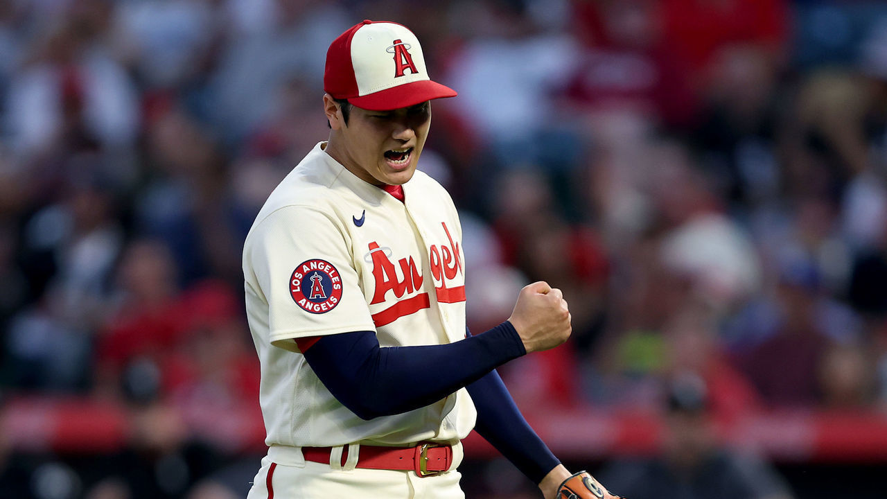 ANAHEIM, CALIFORNIA - JUNE 29: Shohei Ohtani #17 of the Los Angeles Angels reacts to striking out Josh Harrison #5 of the Chicago White Sox during the third inning of a game at Angel Stadium of Anaheim on June 29, 2022 in Anaheim, California.