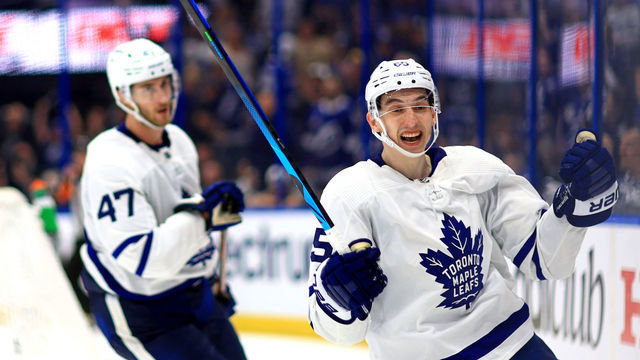 TAMPA, FLORIDA - MAY 06: Ilya Mikheyev #65 of the Toronto Maple Leafs celebrates an empty net goal in the third period during Game Three of the First Round of the 2022 Stanley Cup Playoffs against the Tampa Bay Lightning at Amalie Arena on May 06, 2022 in Tampa, Florida.