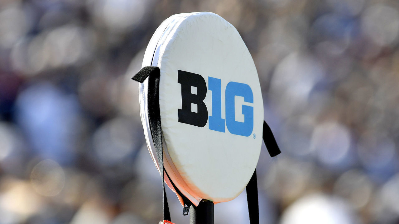 UNIVERSITY PARK, PA - SEPTEMBER 11: A close up of the Big Ten Conference B1G logo on the ball marker during the Ball State Cardinals versus Penn State Nittany Lions game on September 11, 2021 at Beaver Stadium in University Park, PA.