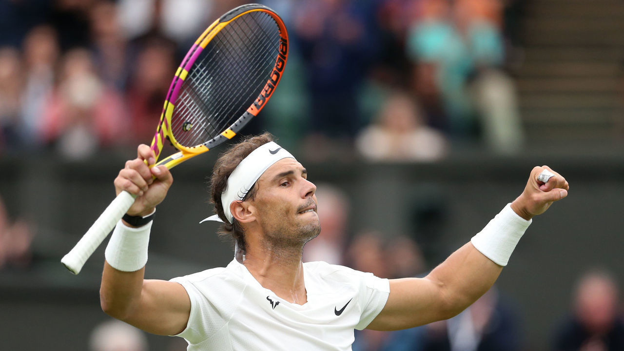 LONDON, ENGLAND - JUNE 30: Rafael Nadal of Spain celebrates against Ricardas Berankis of Lithuania at the end of their Gentlemen's Singles Second Round match during day four of The Championships Wimbledon 2022 at All England Lawn Tennis and Croquet Club on June 30, 2022 in London, England.