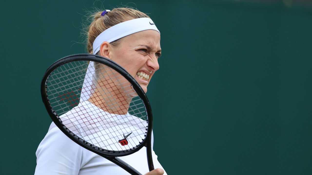 LONDON, ENGLAND - JUNE 30: Petra Kvitova (CZE) grimaces during her Ladies' Singles 2nd Round match match against Ana Bogdan (ROU) during day four of The Championships Wimbledon 2022 at All England Lawn Tennis and Croquet Club on June 30, 2022 in London, England.