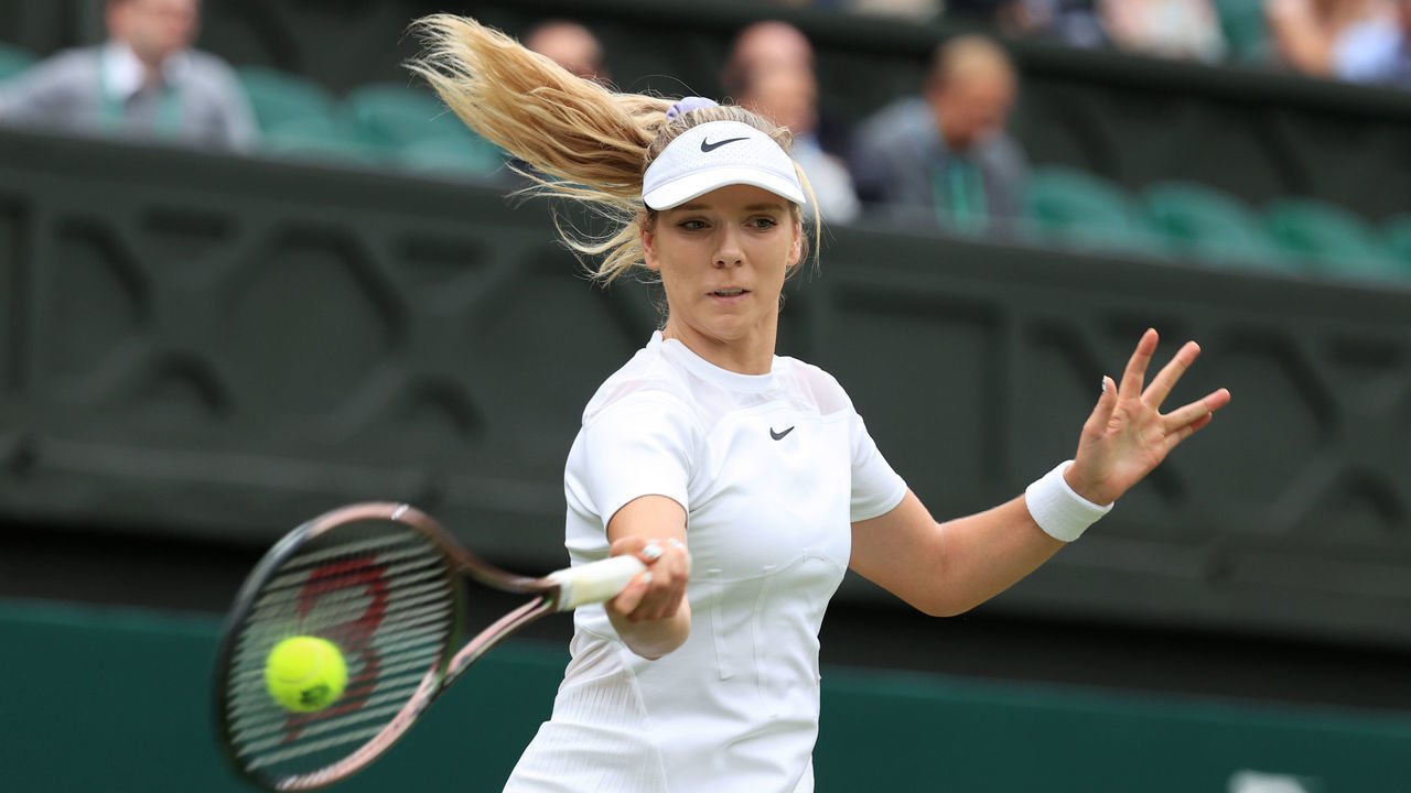 LONDON, ENGLAND - JUNE 30: Katie Boulter (GBR) in action against Karolina Pliskova (CZE) during their Ladies' Singles 2nd Round match during day four of The Championships Wimbledon 2022 at All England Lawn Tennis and Croquet Club on June 30, 2022 in London, England.