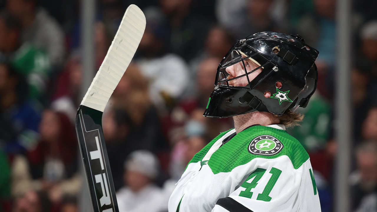 VANCOUVER, BC - APRIL 18: Scott Wedgewood #41 of the Dallas Stars looks on from his crease during their NHL game against the Vancouver Canucks at Rogers Arena April 18, 2022 in Vancouver, British Columbia, Canada. "n