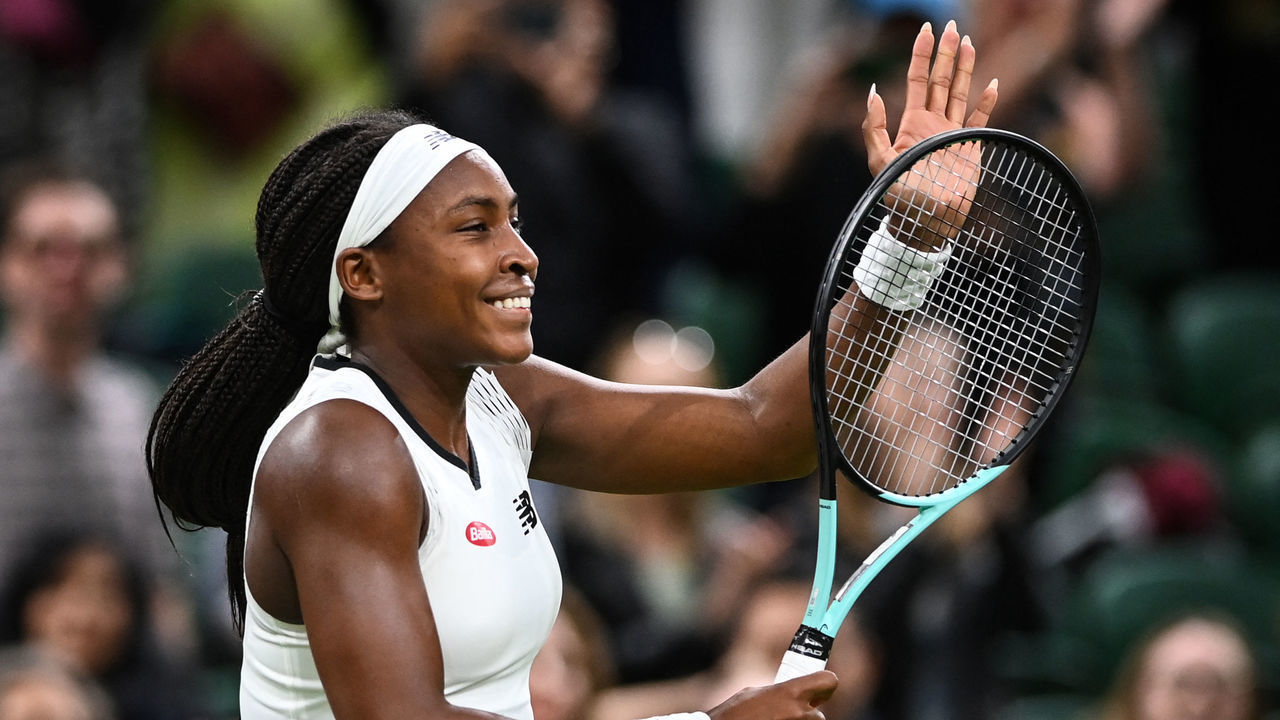 US player Coco Gauff celebrates winning against Romania's Mihaela Buzarnescu at the end of their women's singles tennis match on the fourth day of the 2022 Wimbledon Championships at The All England Tennis Club in Wimbledon, southwest London, on June 30, 2022. - RESTRICTED TO EDITORIAL USE