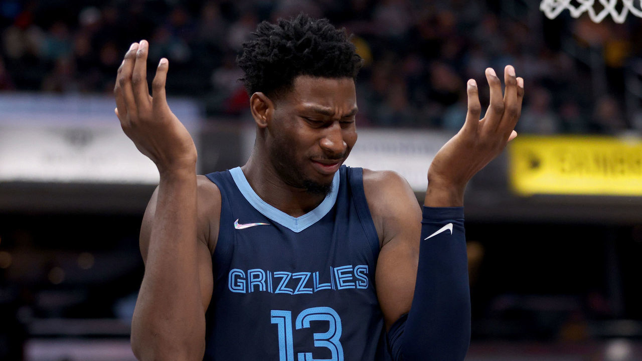 INDIANAPOLIS, INDIANA - MARCH 15: Jaren Jackson Jr. #13 of the Memphis Grizzlies reacts in the third quarter against the Indiana Pacers at Gainbridge Fieldhouse on March 15, 2022 in Indianapolis, Indiana.