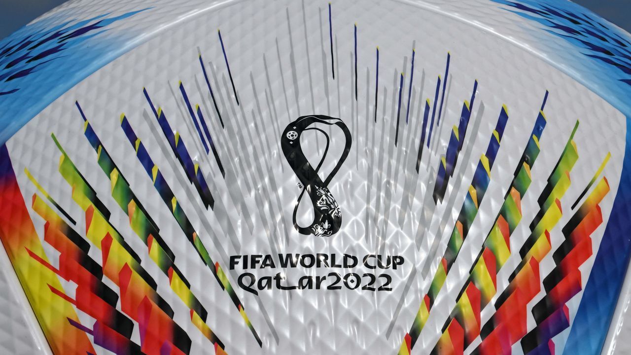 Picture taken on April 21, 2022 on the compound of the headquarters of German sports equipment maker Adidas in Herzogenaurach, southern Germany, shows a part of an oversized model of the official football of the Qatar held 2022 FIFA Football World Cup called "Al Rihla", meaning "The Journey".