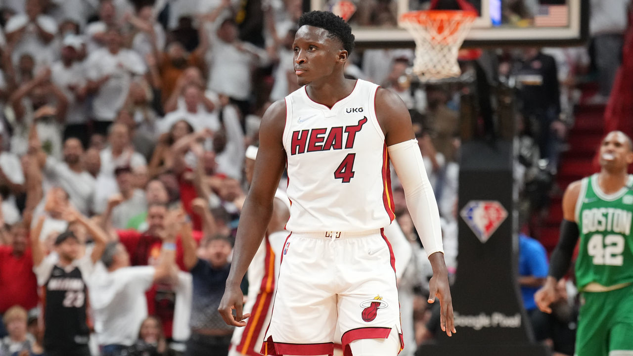 MIAMI, FL - MAY 29: Victor Oladipo #4 of the Miami Heat looks on during Game 7 of the 2022 NBA Playoffs Eastern Conference Finals on May 29, 2022 at FTX Arena in Miami, Florida. Mandatory Copyright Notice: Copyright 2022 NBAE