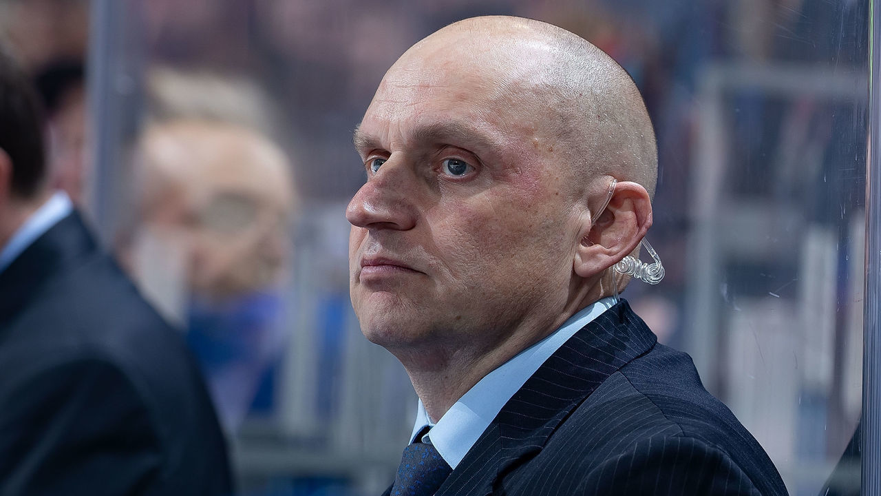DETROIT, MI - MARCH 14: Assistant coach Derek Lalonde of the Tampa Bay Lightning watches the action from the bench during an NHL game against the Detroit Red Wings at Little Caesars Arena on March 14, 2019 in Detroit, Michigan. Tampa defeated Detroit 5-4.