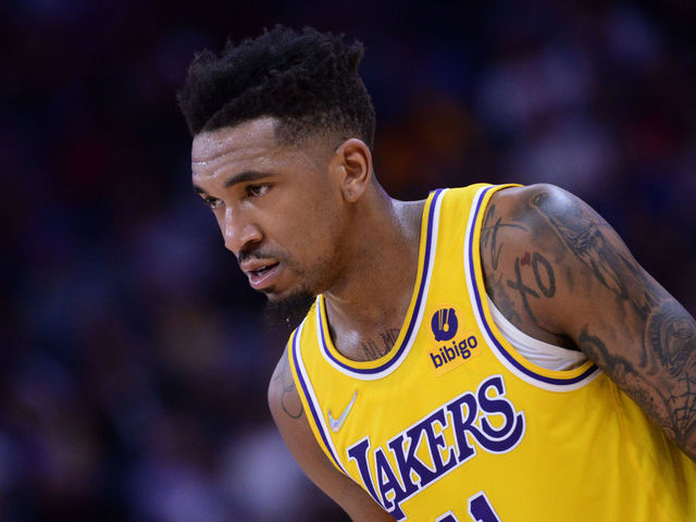 SAN FRANCISCO, CA - APRIL 7: Malik Monk #11 of the Los Angeles Lakers looks on during the game against the Golden State Warriors on April 7, 2022 at Chase Center in San Francisco, California. NOTE TO USER: User expressly acknowledges and agrees that, by downloading and or using this photograph, user is consenting to the terms and conditions of Getty Images License Agreement. Mandatory Copyright Notice: Copyright 2022 NBAE