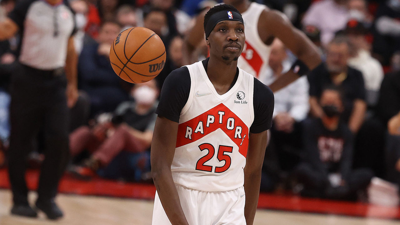 TORONTO, ON- APRIL 28 - Toronto Raptors forward Chris Boucher (25) reacts after a missed shot as the Toronto Raptors fall the Philadelphia 76ers in Game 6 and lose their first round NBA playoff series 4-2 in Scotiabank Arena in Toronto. April 28, 2022. (Steve Russell/Toronto Star via Getty Images)