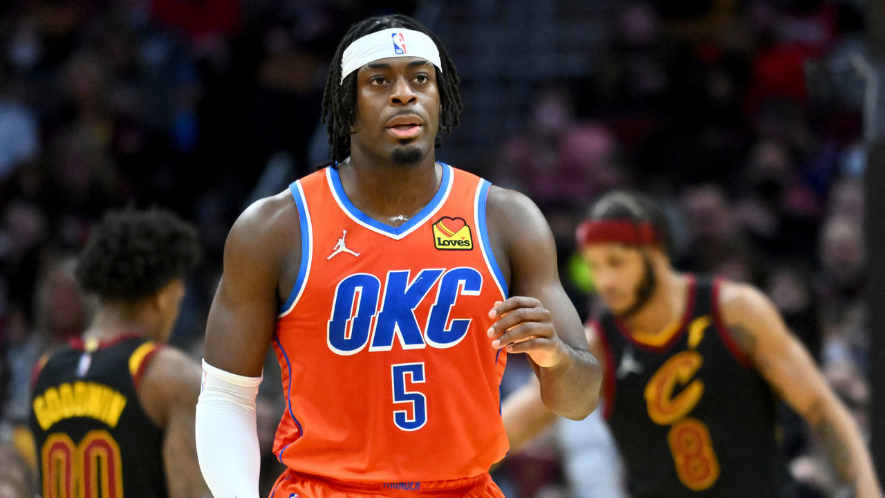 CLEVELAND, OHIO - JANUARY 22: Luguentz Dort #5 of the Oklahoma City Thunder walks up court during the second half against the Cleveland Cavaliers at Rocket Mortgage Fieldhouse on January 22, 2022 in Cleveland, Ohio. The Cavaliers defeated the Thunder 94-87. NOTE TO USER: User expressly acknowledges and agrees that, by downloading and/or using this photograph, user is consenting to the terms and conditions of the Getty Images License Agreement.