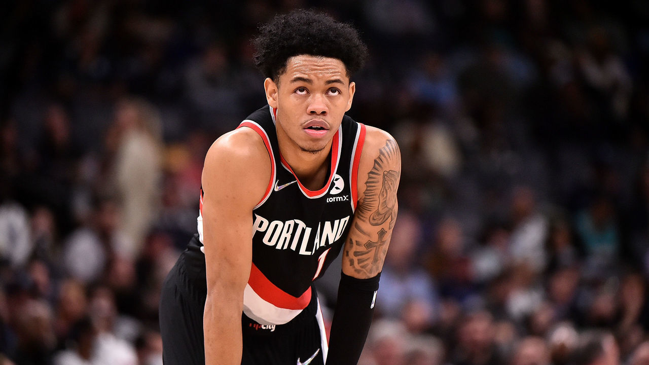 MEMPHIS, TENNESSEE - FEBRUARY 16: Anfernee Simons #1 of the Portland Trail Blazers looks on during the game against the Memphis Grizzlies at FedExForum on February 16, 2022 in Memphis, Tennessee.
