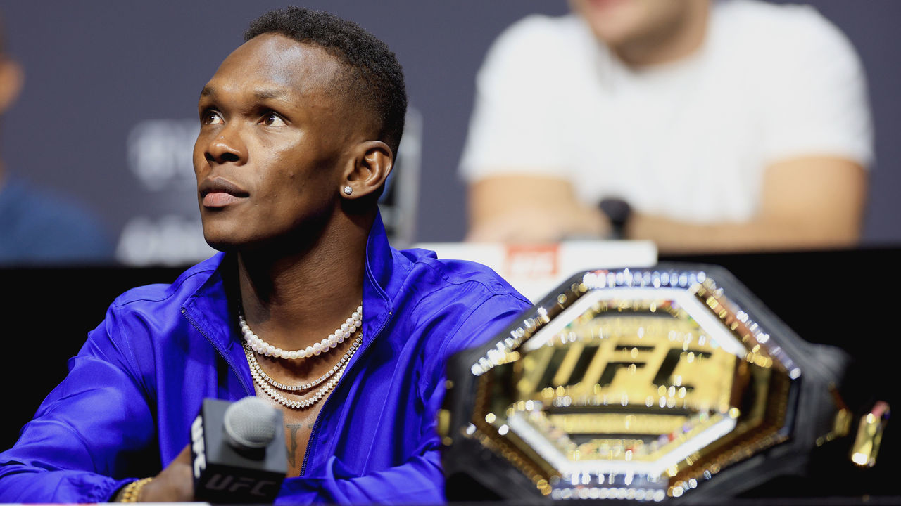 LAS VEGAS, NEVADA - JUNE 30: Israel Adesanya participates in a press conference at T-Mobile Arena on June 30, 2022 in Las Vegas, Nevada.