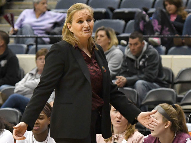 RICHMOND, VA - MARCH 02: Head coach Stephanie Gaitley of the Fordham Lady Rams looks on during the quarterfinal round of the Atlantic-10 Women's Basketball Tournament against the St. Joseph's Hawks at Richmond Coliseum on March 2, 2018 in Richmond, Virginia. The Billikens won 52-49. Photo by Mitchell Layton/Getty Images)