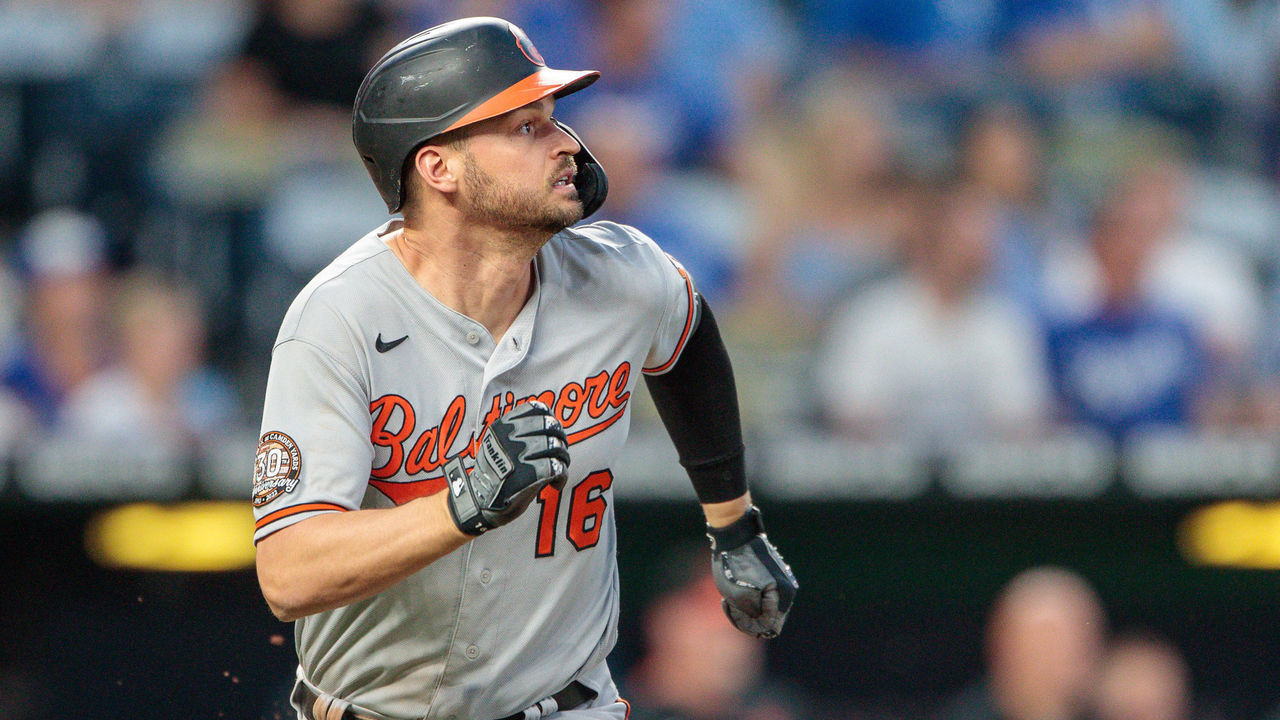 KANSAS CITY, MO - JUNE 09: Baltimore Orioles right fielder Trey Mancini (16) at bat against the Kansas City Royals on June 9th, 2022 at Kauffman Stadium in Kansas City, Missouri.