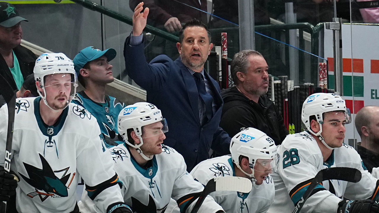 DALLAS, TX - APRIL 16: Bob Boughner of the San Jose Sharks calls his goalie back to the bench against the Dallas Stars at the American Airlines Center on April 16, 2022 in Dallas, Texas.