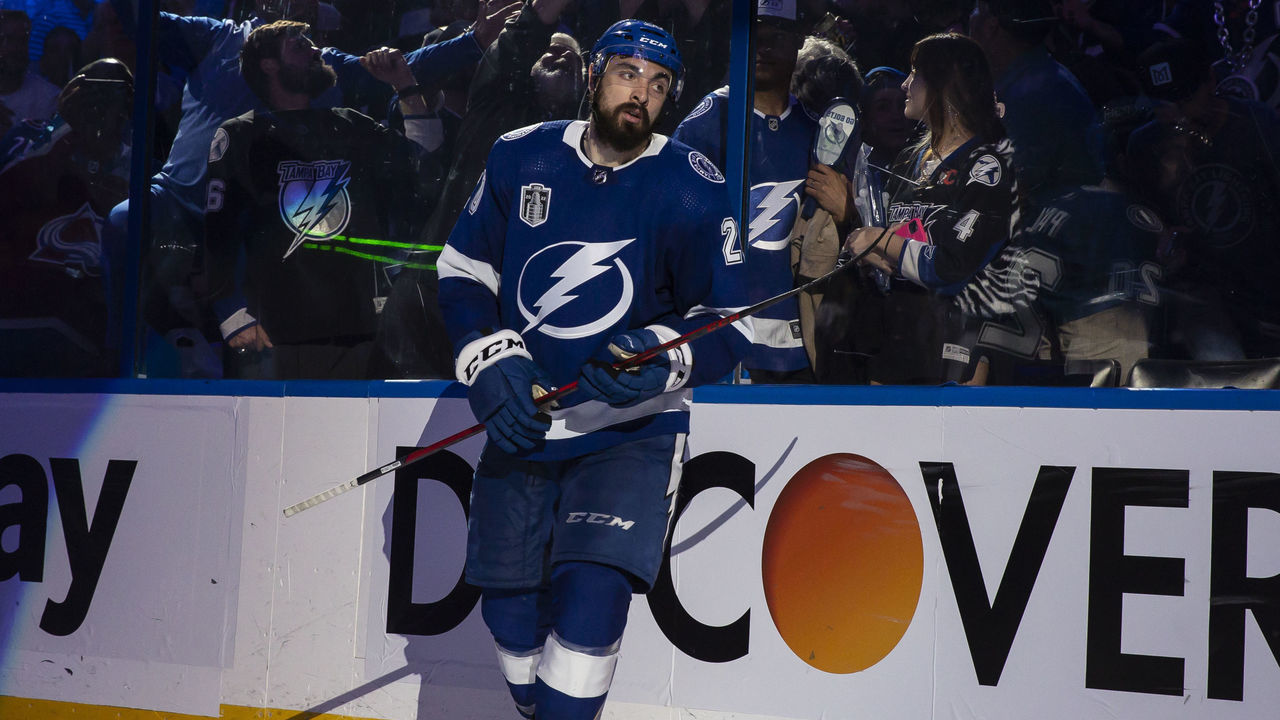 TAMPA, FL - JUNE 20: Nicholas Paul #20 of the Tampa Bay Lightning celebrates the win against the Colorado Avalanche after the third period in Game Three of the 2022 Stanley Cup Final at Amalie Arena on June 20, 2022 in Tampa, Florida.