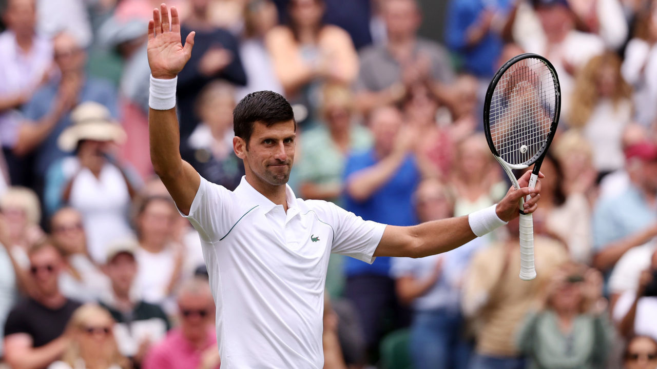 LONDON, ENGLAND - JULY 01: Novak Djokovic of Serbia celebrates winning against Miomir Kecmanovic of Serbia during their Men's Singles Third Round match on day five of The Championships Wimbledon 2022 at All England Lawn Tennis and Croquet Club on July 01, 2022 in London, England.