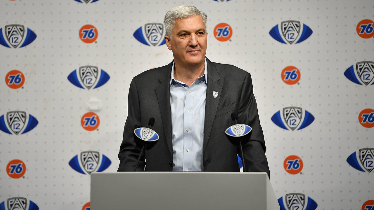 LAS VEGAS, NEVADA - DECEMBER 03: Pac-12 commissioner George Kliavkoff speaks at a press conference before the PAC-12 Football Championship football game between the Oregon Ducks and the Utah Utes at Allegiant Stadium on December 03, 2021 in Las Vegas, Nevada.