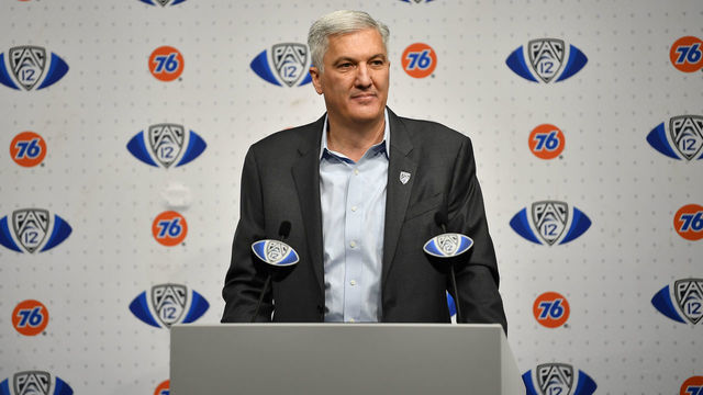 LAS VEGAS, NEVADA - DECEMBER 03: Pac-12 commissioner George Kliavkoff speaks at a press conference before the PAC-12 Football Championship football game between the Oregon Ducks and the Utah Utes at Allegiant Stadium on December 03, 2021 in Las Vegas, Nevada.
