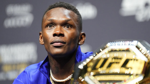 LAS VEGAS, NEVADA - JUNE 30: Israel Adesanya of Nigeria is seen on stage during the UFC 276 press conference at T-Mobile Arena on June 30, 2022 in Las Vegas, Nevada.