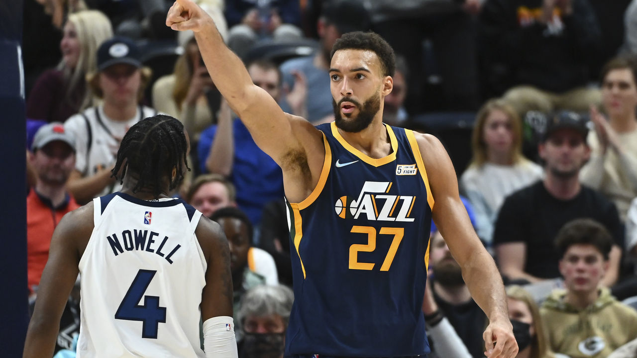 SALT LAKE CITY, UTAH - DECEMBER 23: Rudy Gobert #27 of the Utah Jazz reacts after a play in the second half of a game against the Minnesota Timberwolves at Vivint Smart Home Arena on December 23, 2021 in Salt Lake City, Utah.