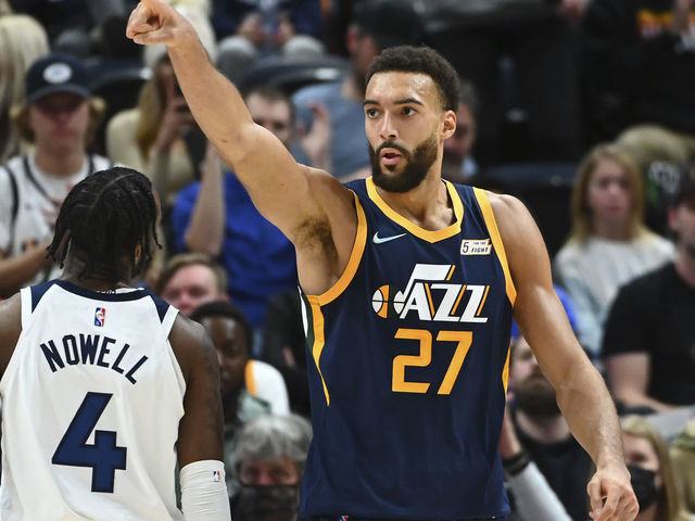 SALT LAKE CITY, UTAH - DECEMBER 23: Rudy Gobert #27 of the Utah Jazz reacts after a play in the second half of a game against the Minnesota Timberwolves at Vivint Smart Home Arena on December 23, 2021 in Salt Lake City, Utah.
