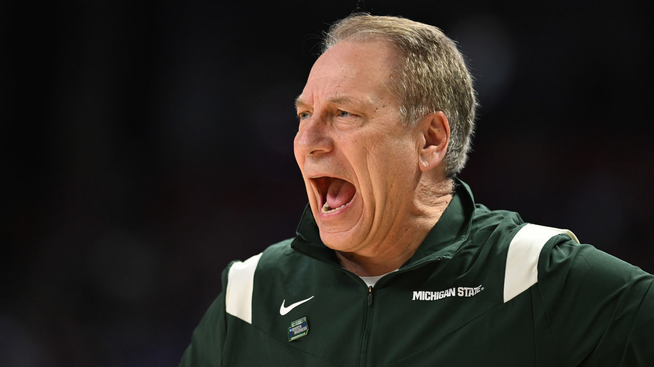 GREENVILLE, SC - MARCH 18: Head coach Tom Izzo of the Michigan State Spartans reacts to the game against the Davidson Wildcats during the first round of the 2022 NCAA Men's Basketball Tournament held at Bon Secours Wellness Arena on March 18, 2022 in Greenville, South Carolina.