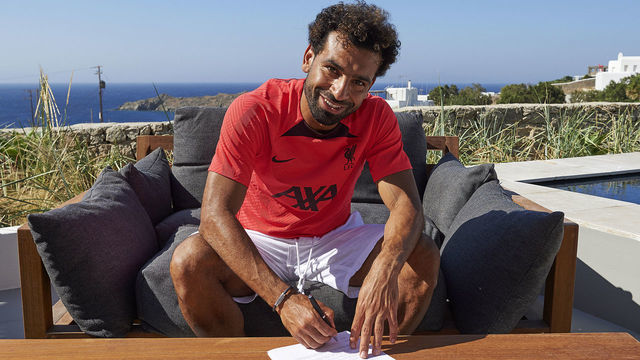 MYKONOS, GREECE - JULY 01: (THE SUN OUT, THE SUN ON SUNDAY OUT) Mohamed Salah of Liverpool signs a contract extension while on holiday on June 19, 2022 in Mykonos, Greece.