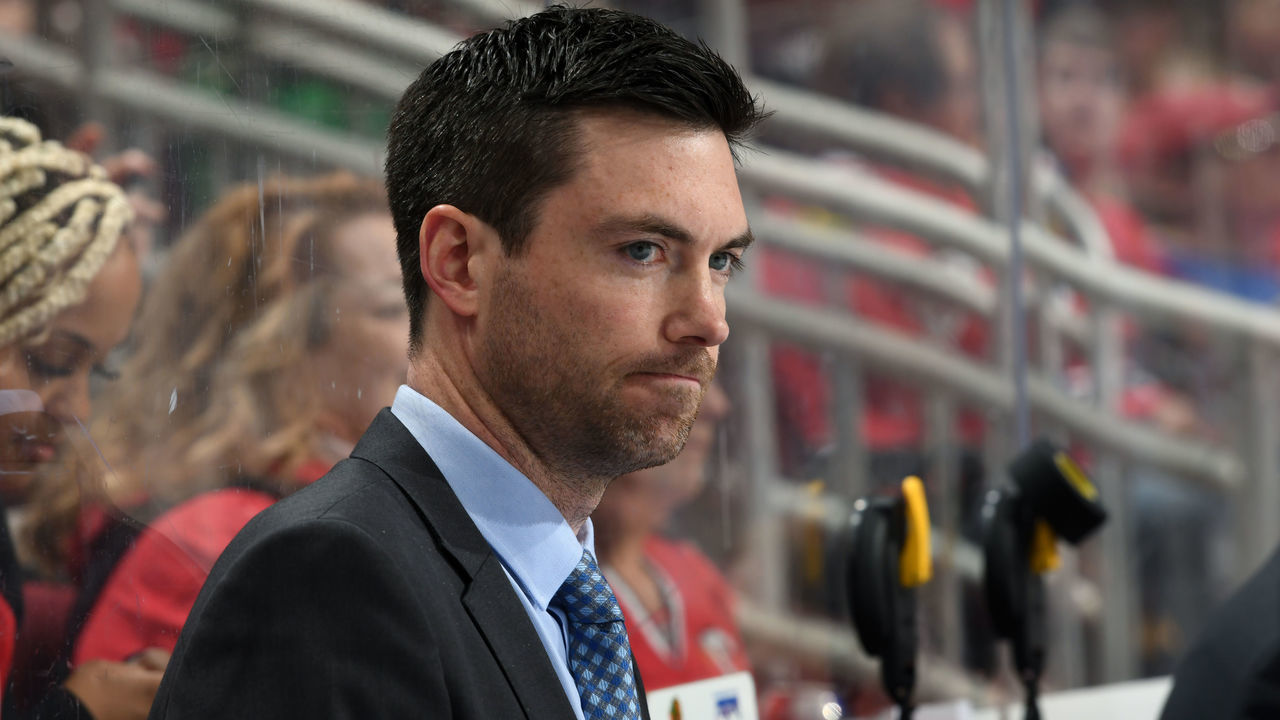 GLENDALE, ARIZONA - FEBRUARY 01: Head coach Jeremy Colliton of the Chicago Blackhawks looks on from the bench during the second period of the NHL hockey game against the Arizona Coyotes at Gila River Arena on February 01, 2020 in Glendale, Arizona.