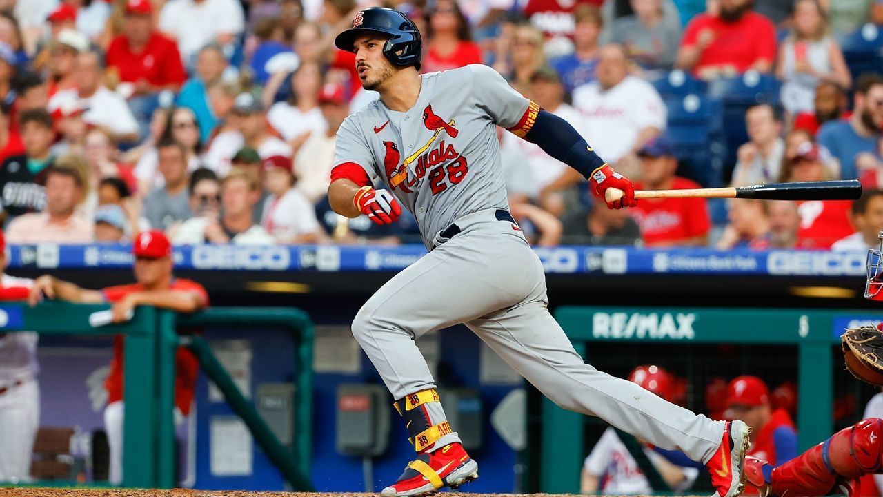 PHILADELPHIA, PA - JULY 01: St. Louis Cardinals third baseman Nolan Arenado (28) hits a double in the 6th inning of the Major League Baseball game between the Philadelphia Phillies and the St. Louis Cardinals on July 1, 2022 at Citizens Bank Park in Philadelphia, Pennsylvania.