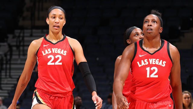 Minneapolis, MN - JULY 1: A'ja Wilson #22 of the Las Vegas Aces and Chelsea Gray #12 look on during the game against the Minnesota Lynx on July 1, 2022 at Target Center in Minneapolis, MN. Mandatory Copyright Notice: Copyright 2022 NBAE